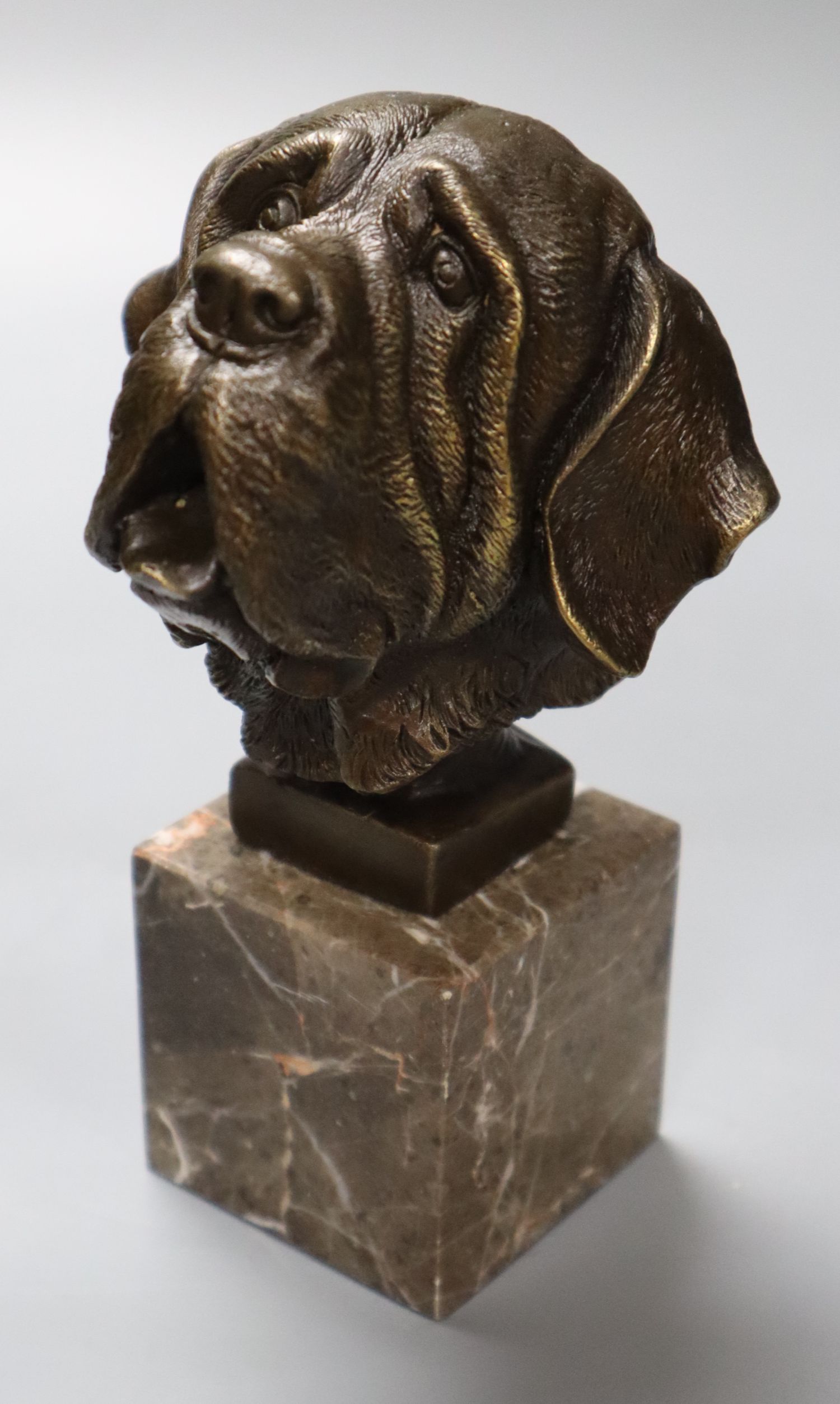 After Yanez. A modern bronze dog head, on marble plinth, 18cm